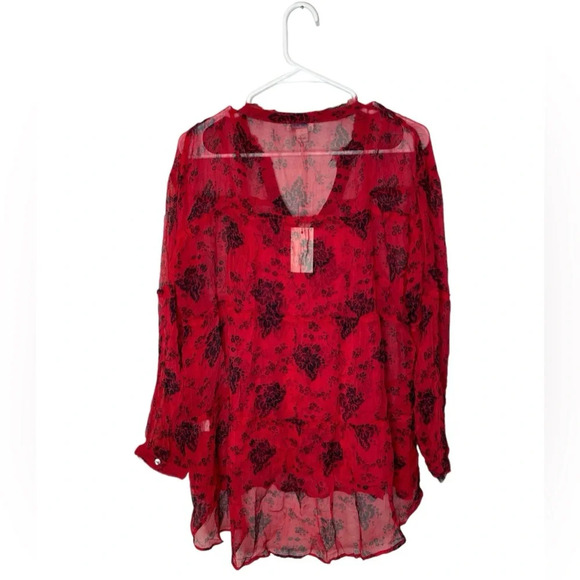NWT Sundance Elodie Red Black Floral Tiered Blouse Top Size Medium - Picture 3 of 9